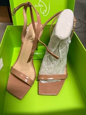 Sam Edelman Nude Patent Square-Toe Ankle-Strap Heels